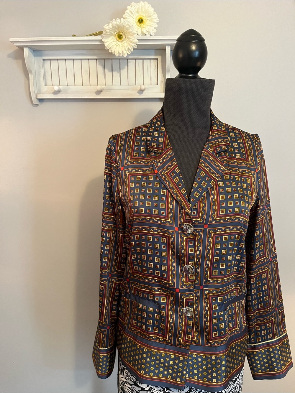 Zara Navy Blue jacket/blouse Top with Yellow and Red Geometric Accents EUC